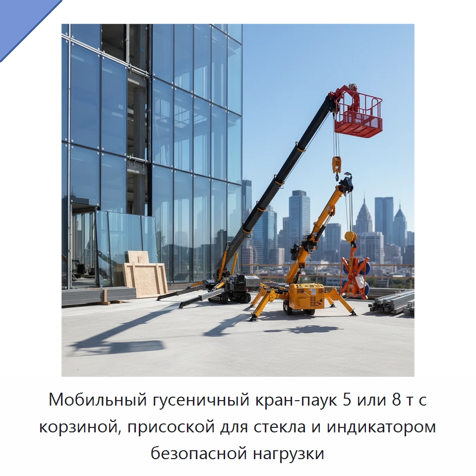 Мобильный гусеничный кран-паук 5 или 8 т с корзиной, присоской для стекла и индикатором безопасной нагрузки — Краны