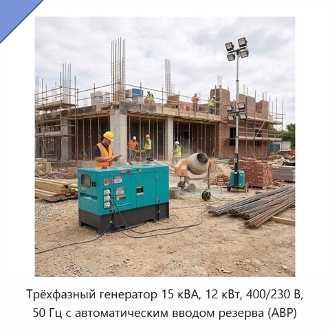 Трёхфазный генератор 15 кВА, 12 кВт, 400/230 В, 50 Гц с автоматическим вводом резерва (АВР)