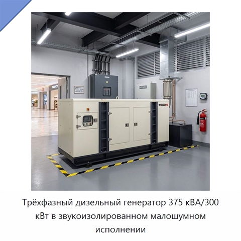 Трёхфазный дизельный генератор 375 кВА/300 кВт в звукоизолированном малошумном исполнении