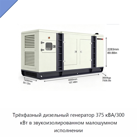 Трёхфазный дизельный генератор 375 кВА/300 кВт в звукоизолированном малошумном исполнении