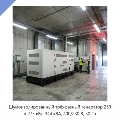Шумоизолированный трёхфазный генератор 250 и 275 кВт, 344 кВА, 400/230 В, 50 Гц