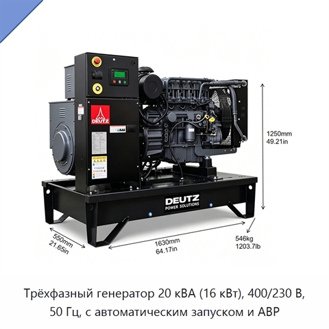 Трёхфазный генератор 20 кВА (16 кВт), 400/230 В, 50 Гц, с автоматическим запуском и АВР