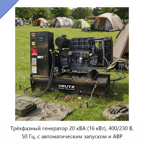 Трёхфазный генератор 20 кВА (16 кВт), 400/230 В, 50 Гц, с автоматическим запуском и АВР