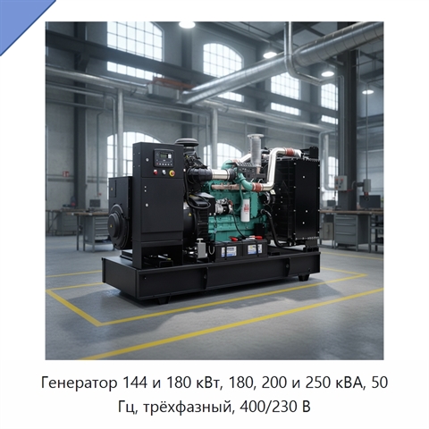 Генератор 144 и 180 кВт, 180, 200 и 250 кВА, 50 Гц, трёхфазный, 400/230 В