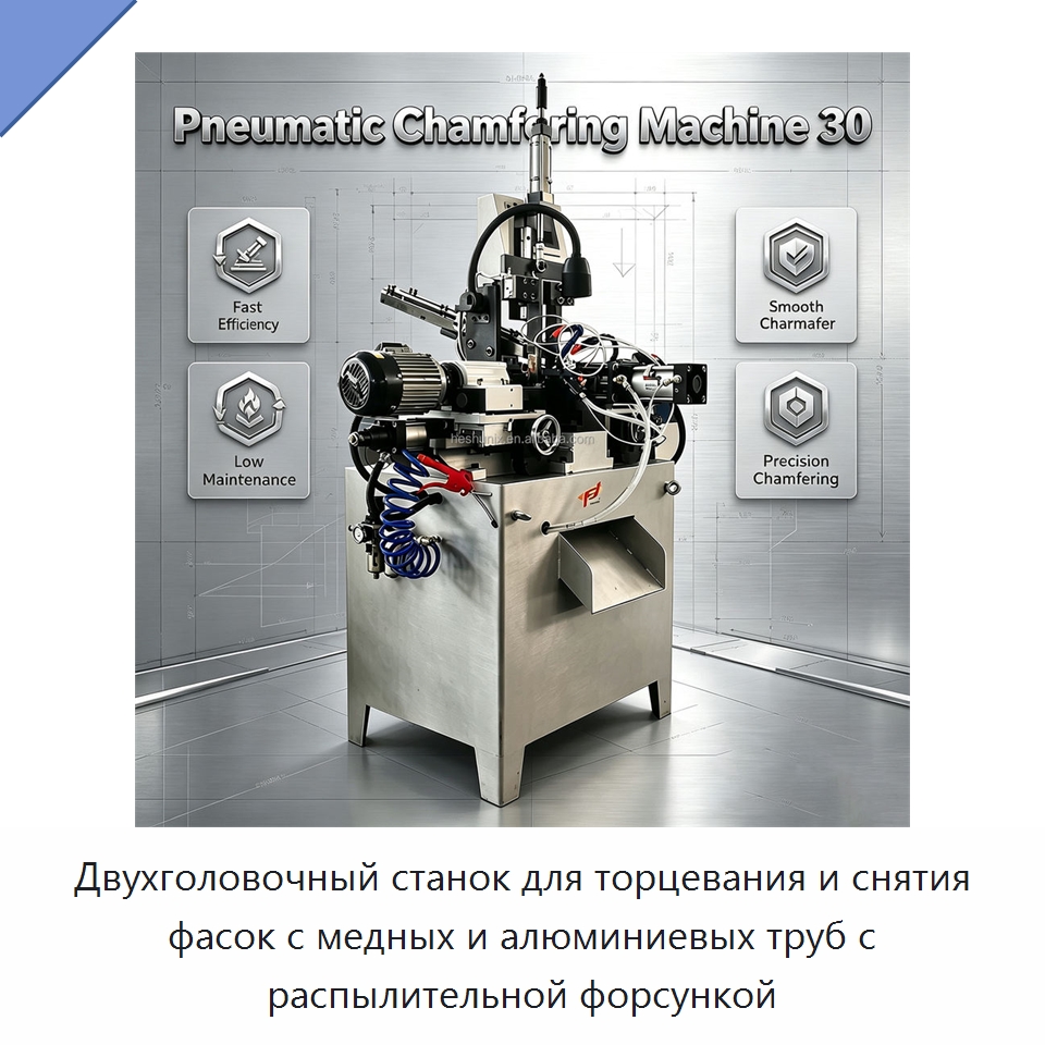 Двухголовочный станок для торцевания и снятия фасок с медных и алюминиевых труб с распылительной форсункой — Фаскоснимательный станок