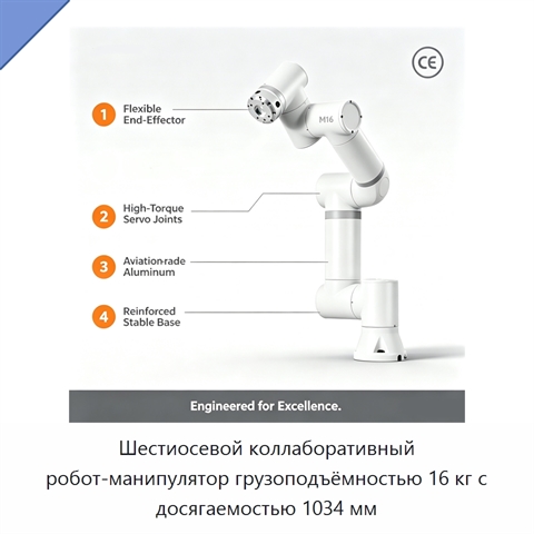 Шестиосевой коллаборативный робот-манипулятор грузоподъёмностью 16 кг с досягаемостью 1034 мм