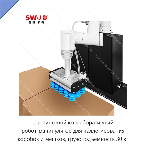 Шестиосевой коллаборативный робот-манипулятор для паллетирования коробок и мешков, грузоподъёмность 30 кг