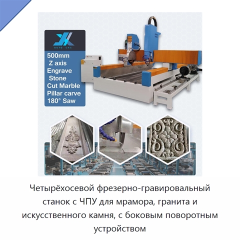 Четырёхосевой фрезерно-гравировальный станок с ЧПУ для мрамора, гранита и искусственного камня, с боковым поворотным устройством