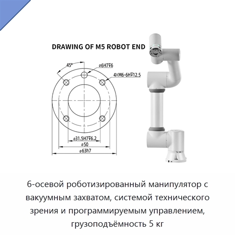 6-осевой роботизированный манипулятор с вакуумным захватом, системой технического зрения и программируемым управлением, грузоподъёмность 5 кг