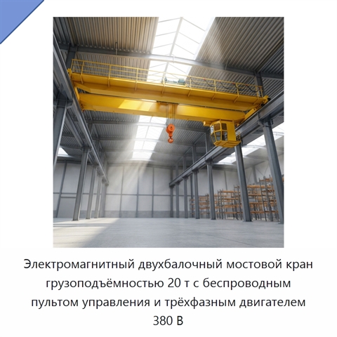 Электромагнитный двухбалочный мостовой кран грузоподъёмностью 20 т с беспроводным пультом управления и трёхфазным двигателем 380 В