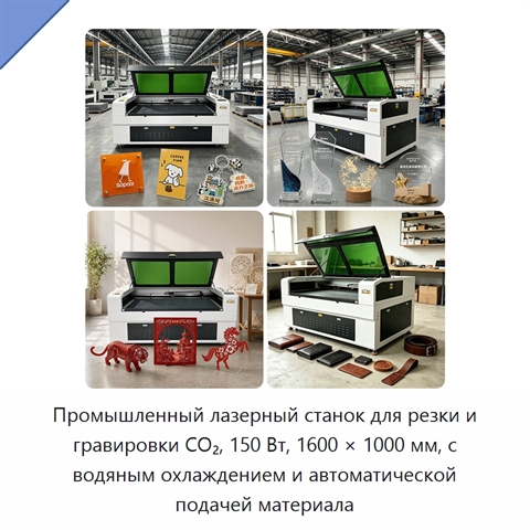 Промышленный лазерный станок для резки и гравировки CO₂, 150 Вт, 1600 × 1000 мм, с водяным охлаждением и автоматической подачей материала