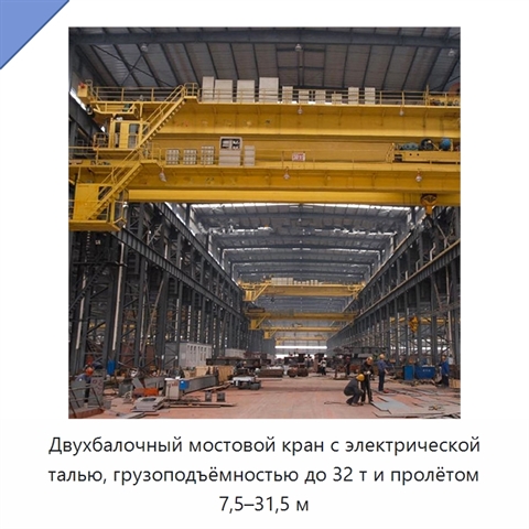 Двухбалочный мостовой кран с электрической талью, грузоподъёмностью до 32 т и пролётом 7,5–31,5 м