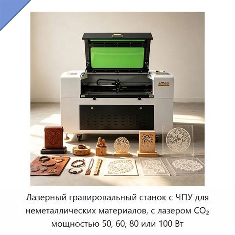 Лазерный гравировальный станок с ЧПУ для неметаллических материалов, с лазером CO₂ мощностью 50, 60, 80 или 100 Вт