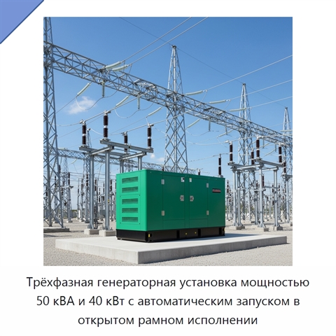 Трёхфазная генераторная установка мощностью 50 кВА и 40 кВт с автоматическим запуском в открытом рамном исполнении