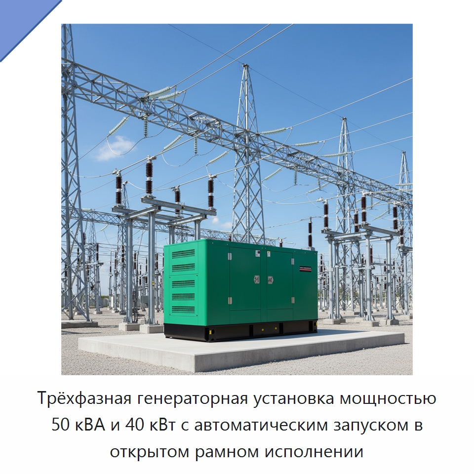 Трёхфазная генераторная установка мощностью 50 кВА и 40 кВт с автоматическим запуском в открытом рамном исполнении — Дизельные генераторы