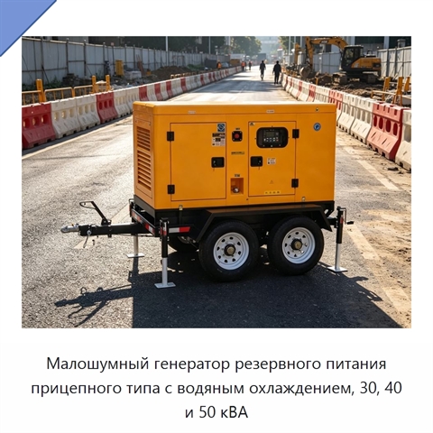 Малошумный генератор резервного питания прицепного типа с водяным охлаждением, 30, 40 и 50 кВА