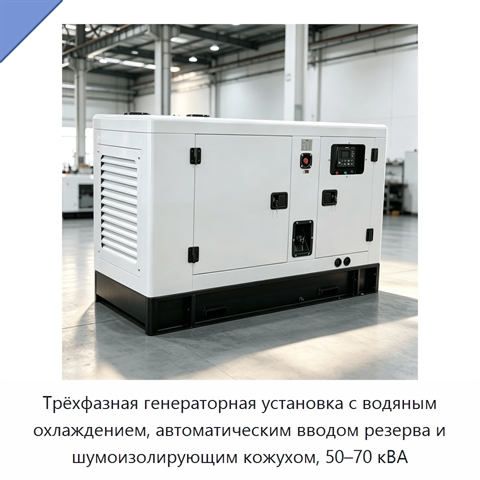 Трёхфазная генераторная установка с водяным охлаждением, автоматическим вводом резерва и шумоизолирующим кожухом, 50–70 кВА