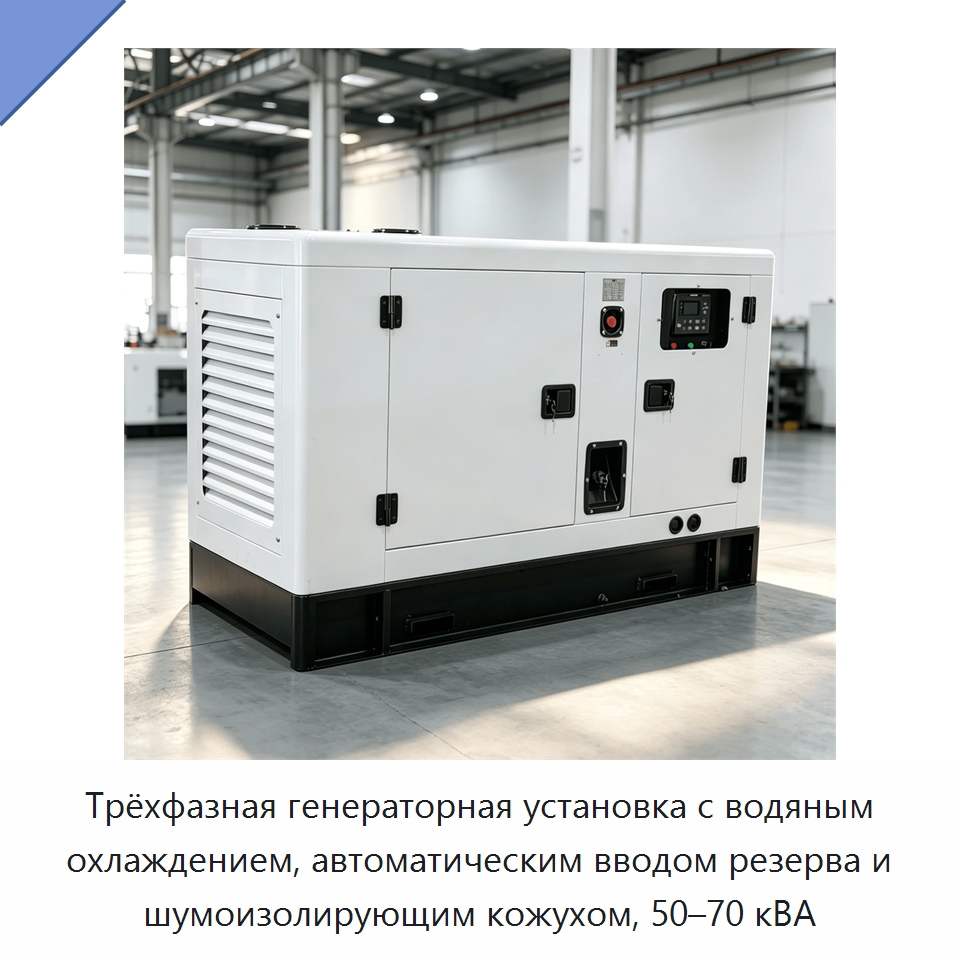 Трёхфазная генераторная установка с водяным охлаждением, автоматическим вводом резерва и шумоизолирующим кожухом, 50–70 кВА — Дизельные генераторы