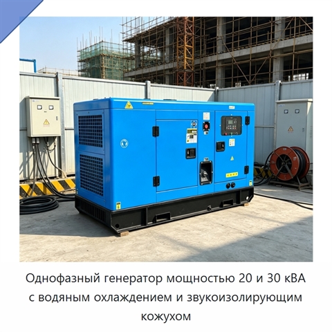 Однофазный генератор мощностью 20 и 30 кВА с водяным охлаждением и звукоизолирующим кожухом
