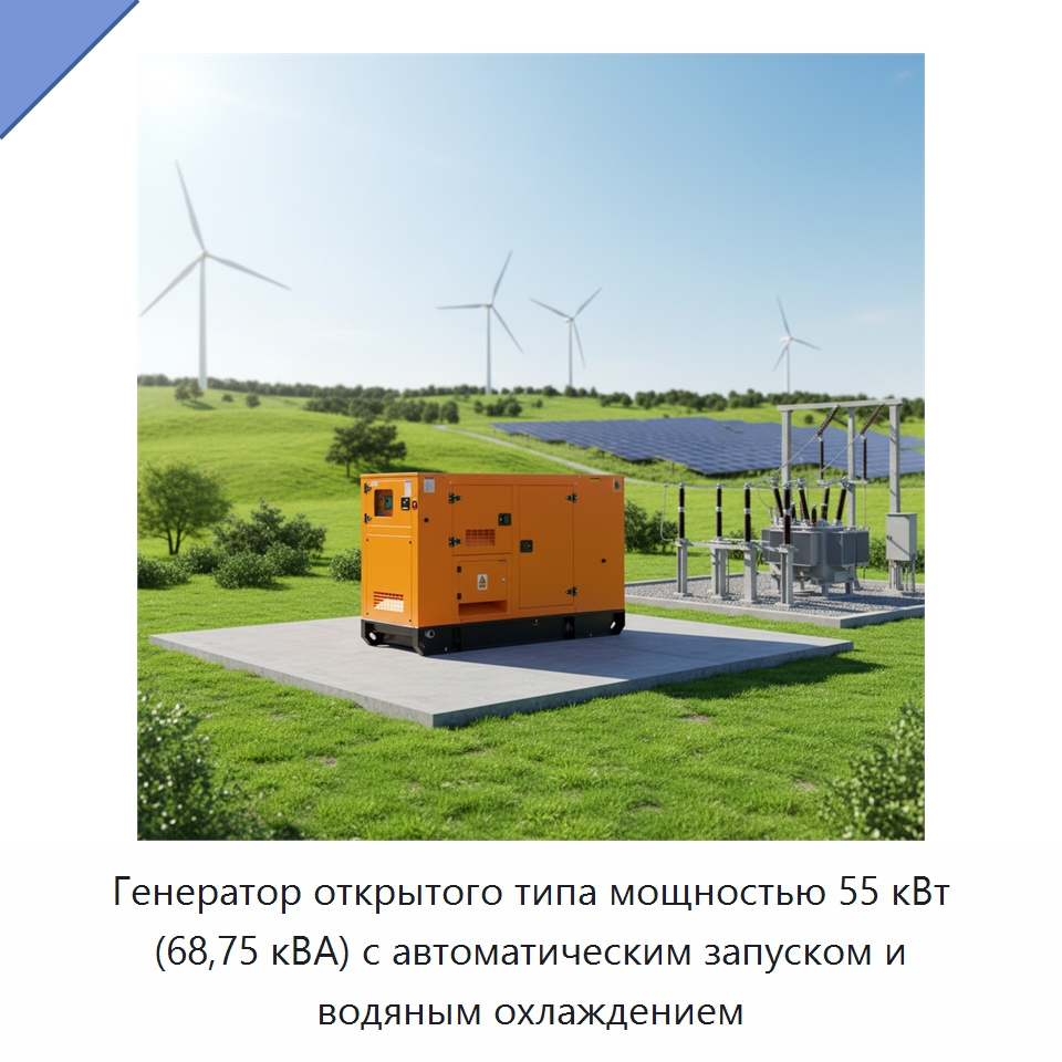 Генератор открытого типа мощностью 55 кВт (68,75 кВА) с автоматическим запуском и водяным охлаждением — Дизельные генераторы