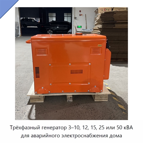 Трёхфазный генератор 3–10, 12, 15, 25 или 50 кВА для аварийного электроснабжения дома