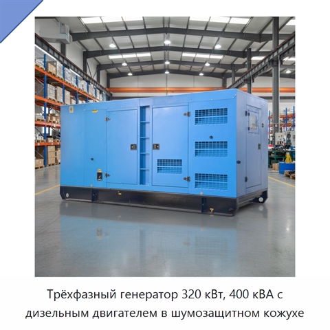 Трёхфазный генератор 320 кВт, 400 кВА с дизельным двигателем в шумозащитном кожухе