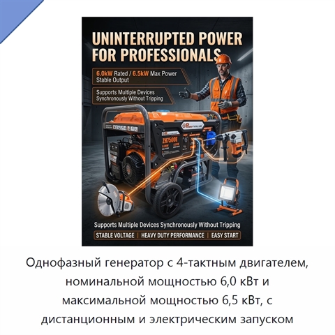 Однофазный генератор с 4-тактным двигателем, номинальной мощностью 6,0 кВт и максимальной мощностью 6,5 кВт, с дистанционным и электрическим запуском