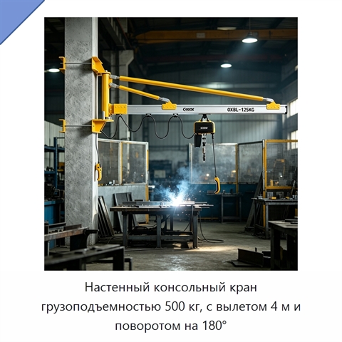 Настенный консольный кран грузоподъемностью 500 кг, с вылетом 4 м и поворотом на 180°