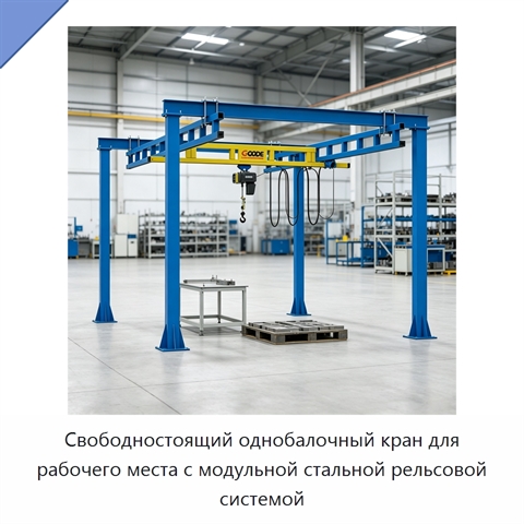 Свободностоящий однобалочный кран для рабочего места с модульной стальной рельсовой системой