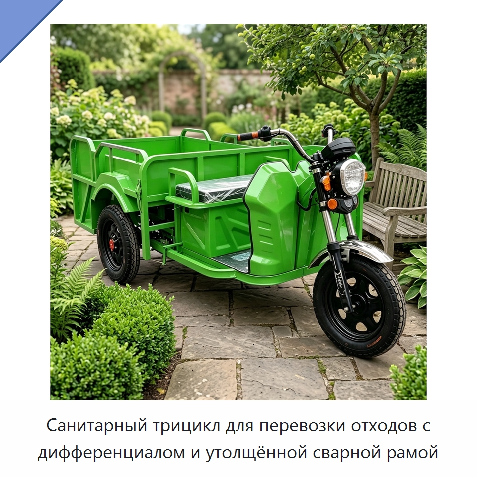 Санитарный трицикл для перевозки отходов с дифференциалом и утолщённой сварной рамой — Коммунальная техника