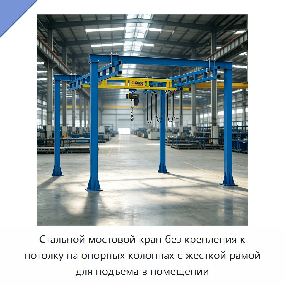 Стальной мостовой кран без крепления к потолку на опорных колоннах с жесткой рамой для подъема в помещении — Краны