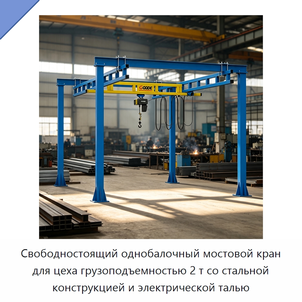 Свободностоящий однобалочный мостовой кран для цеха грузоподъемностью 2 т со стальной конструкцией и электрической талью — Краны