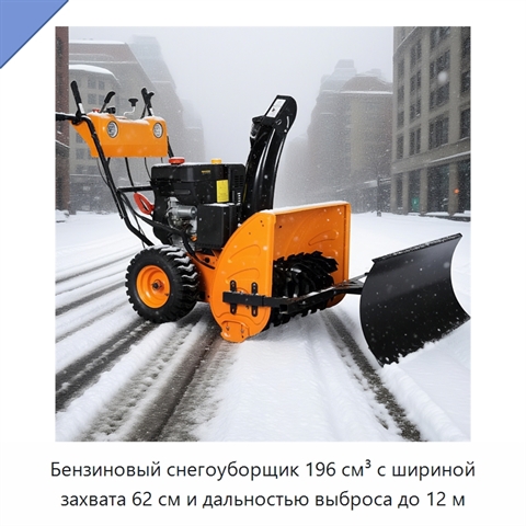 Бензиновый снегоуборщик 196 см³ с шириной захвата 62 см и дальностью выброса до 12 м