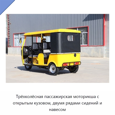 Трёхколёсная пассажирская моторикша с открытым кузовом, двумя рядами сидений и навесом