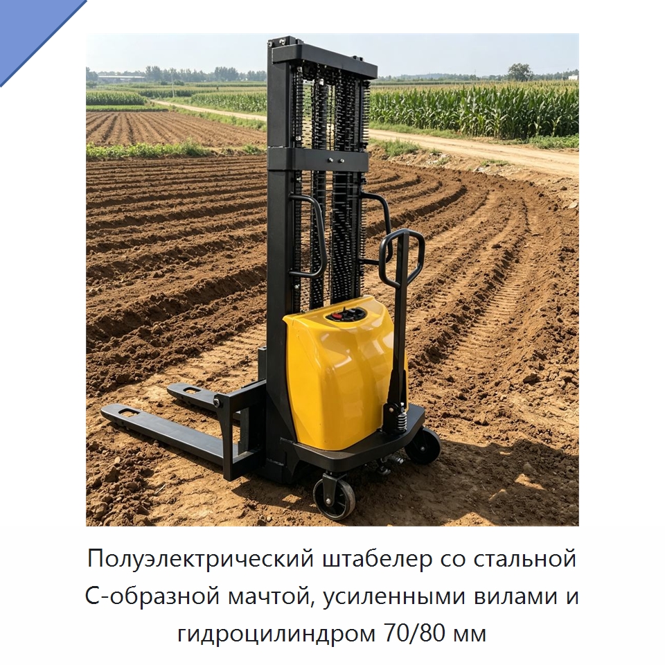 Полуэлектрический штабелер со стальной С-образной мачтой, усиленными вилами и гидроцилиндром 70/80 мм — Специальная строительная техника