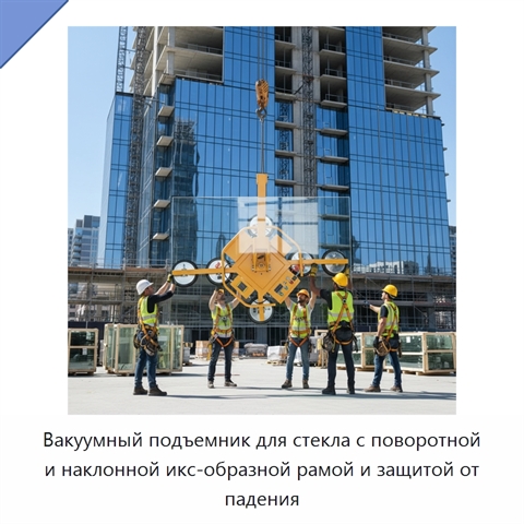 Вакуумный подъемник для стекла с поворотной и наклонной икс-образной рамой и защитой от падения