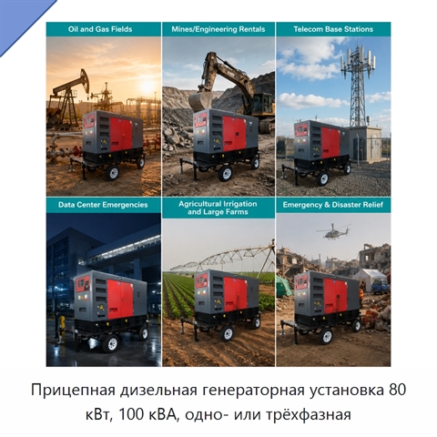 Прицепная дизельная генераторная установка 80 кВт, 100 кВА, одно- или трёхфазная