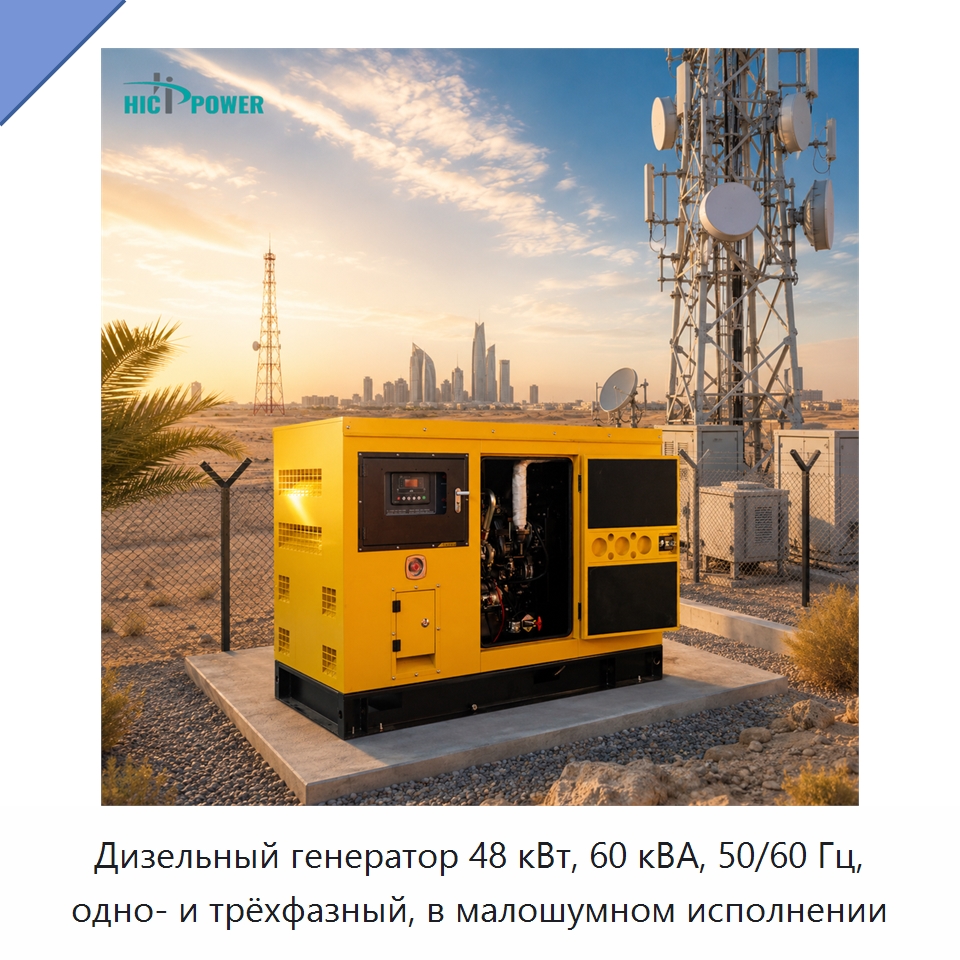 Дизельный генератор 48 кВт, 60 кВА, 50/60 Гц, одно- и трёхфазный, в малошумном исполнении — Дизельные генераторы