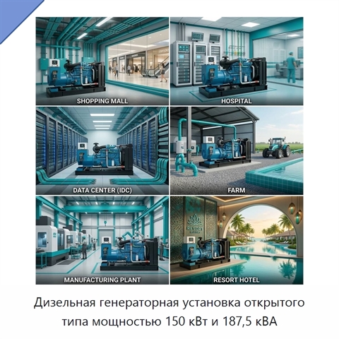 Дизельная генераторная установка открытого типа мощностью 150 кВт и 187,5 кВА