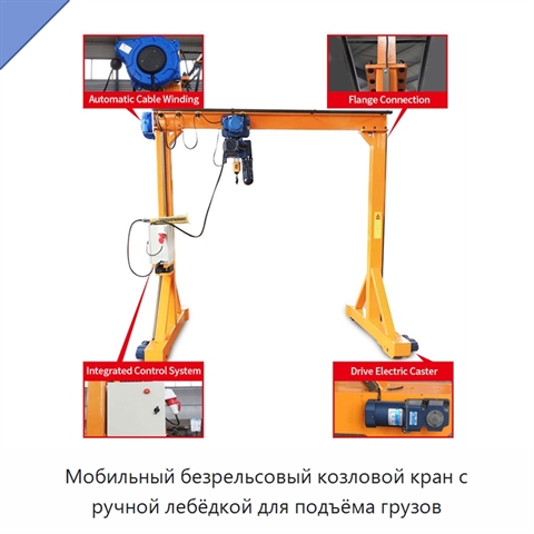 Мобильный безрельсовый козловой кран с ручной лебёдкой для подъёма грузов