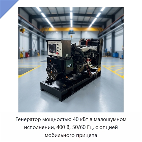 Генератор мощностью 40 кВт в малошумном исполнении, 400 В, 50/60 Гц, с опцией мобильного прицепа