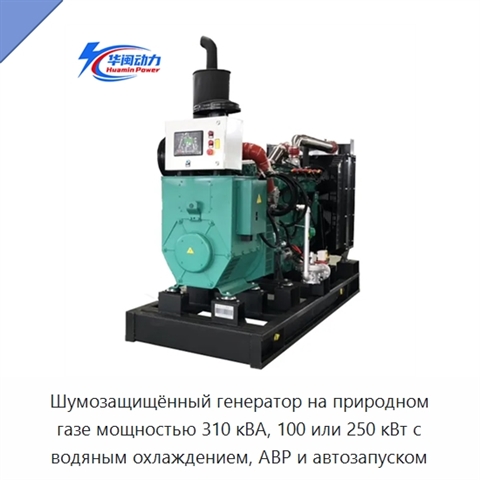 Шумозащищённый генератор на природном газе мощностью 310 кВА, 100 или 250 кВт с водяным охлаждением, АВР и автозапуском