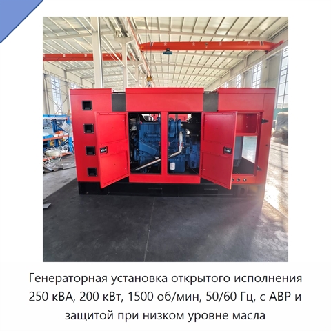 Генераторная установка открытого исполнения 250 кВА, 200 кВт, 1500 об/мин, 50/60 Гц, с АВР и защитой при низком уровне масла