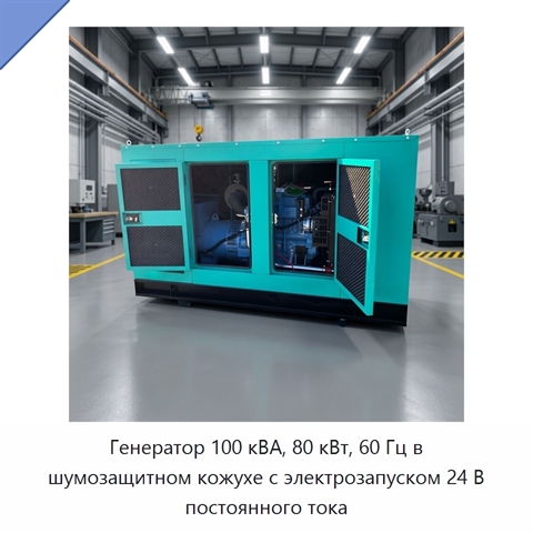 Генератор 100 кВА, 80 кВт, 60 Гц в шумозащитном кожухе с электрозапуском 24 В постоянного тока