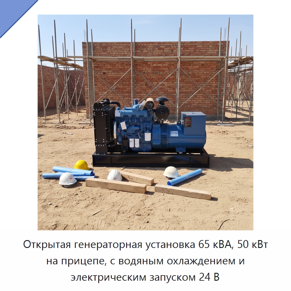 Открытая генераторная установка 65 кВА, 50 кВт на прицепе, с водяным охлаждением и электрическим запуском 24 В — Дизельные генераторы