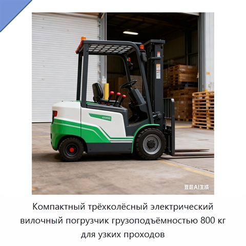 Компактный трёхколёсный электрический вилочный погрузчик грузоподъёмностью 800 кг для узких проходов