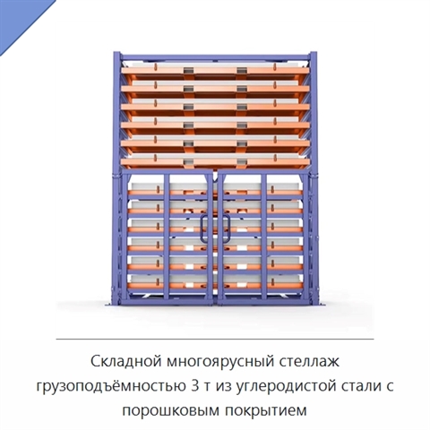 Складной многоярусный стеллаж грузоподъёмностью 3 т из углеродистой стали с порошковым покрытием