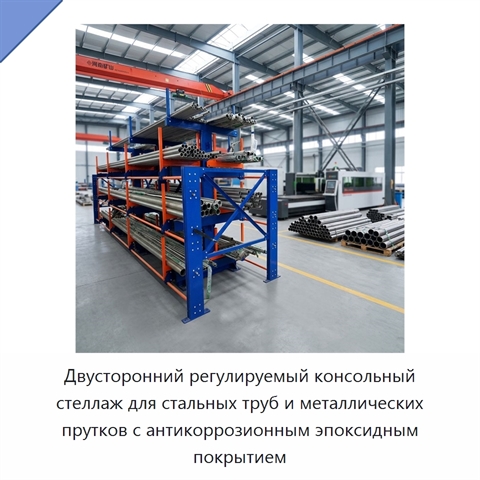 Двусторонний регулируемый консольный стеллаж для стальных труб и металлических прутков с антикоррозионным эпоксидным покрытием