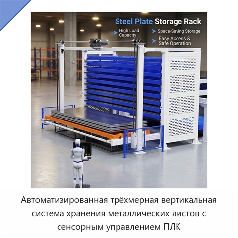 Автоматизированная трёхмерная вертикальная система хранения металлических листов с сенсорным управлением ПЛК