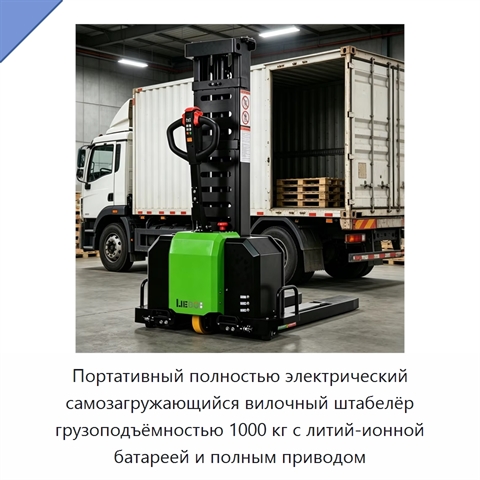Портативный полностью электрический самозагружающийся вилочный штабелёр грузоподъёмностью 1000 кг с литий-ионной батареей и полным приводом